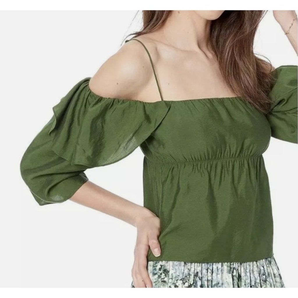 Vince. Cold Shoulder Paneled Ruffled Square Top Herb Green ( L )
